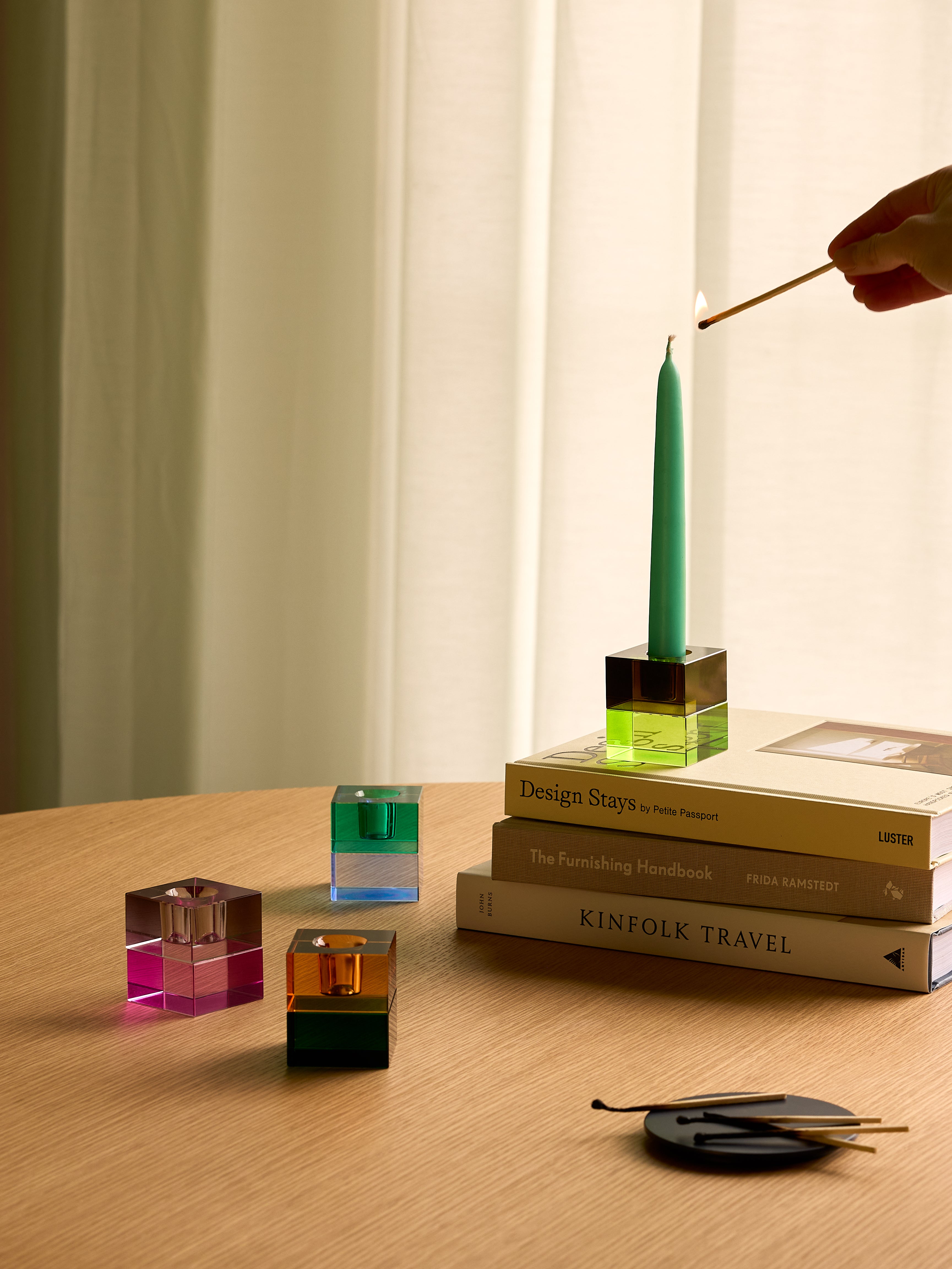 Block Kynttilänjalat Ruskea/Vihreä & Harmaa/Pink (2 kpl sarja) - 5x5h6cm