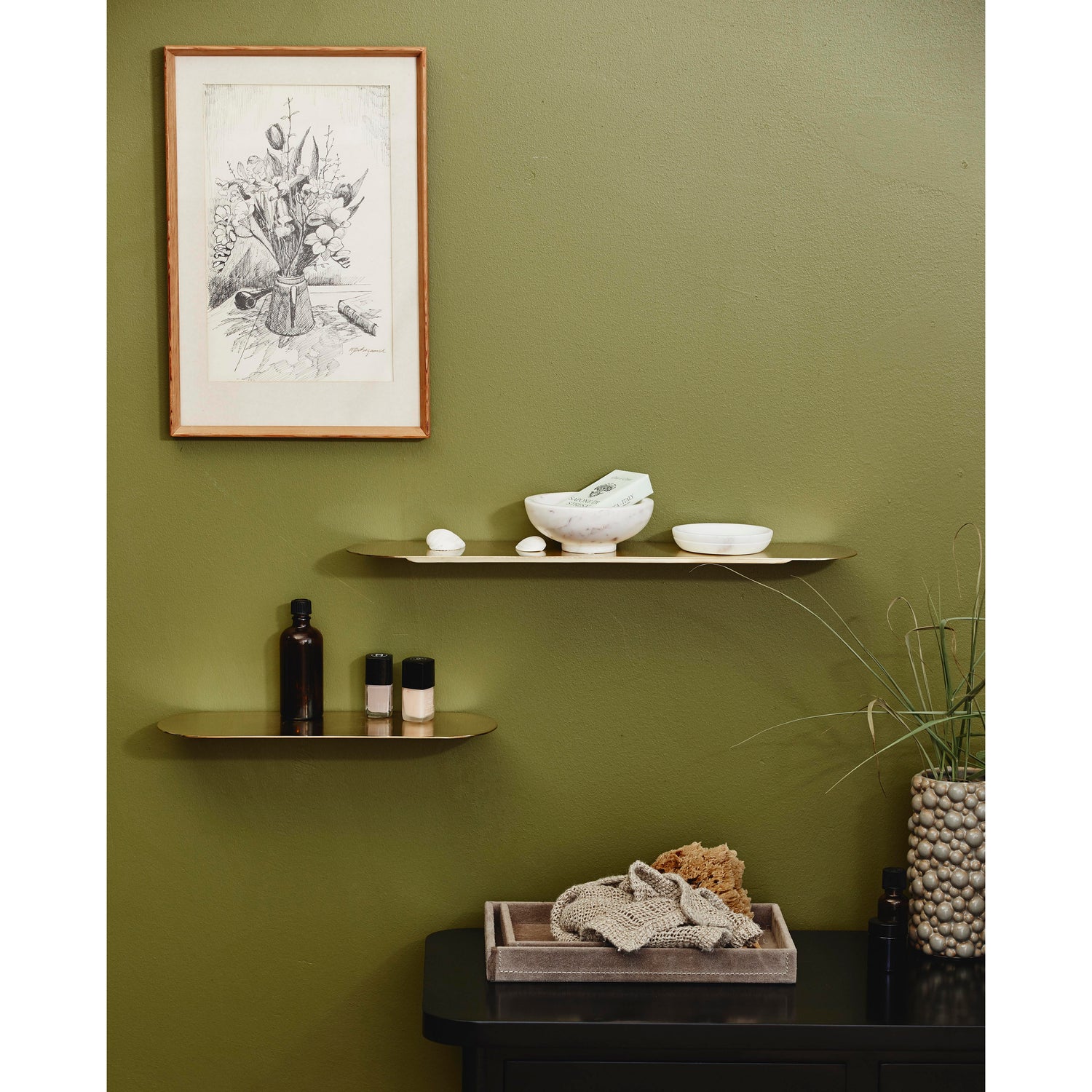 Fanoe -hylly raudassa - iso - l52 cm - kultapinta