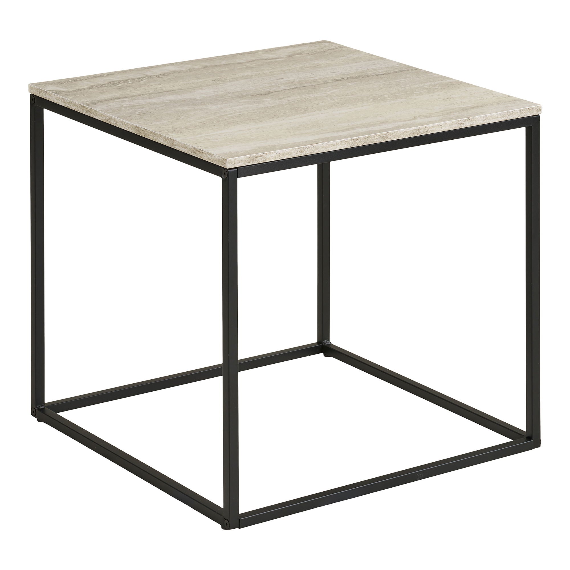 Vita Corner -pöytä - kulmapöytä, travertiiniläkä, musta kehys 45x45x45 cm