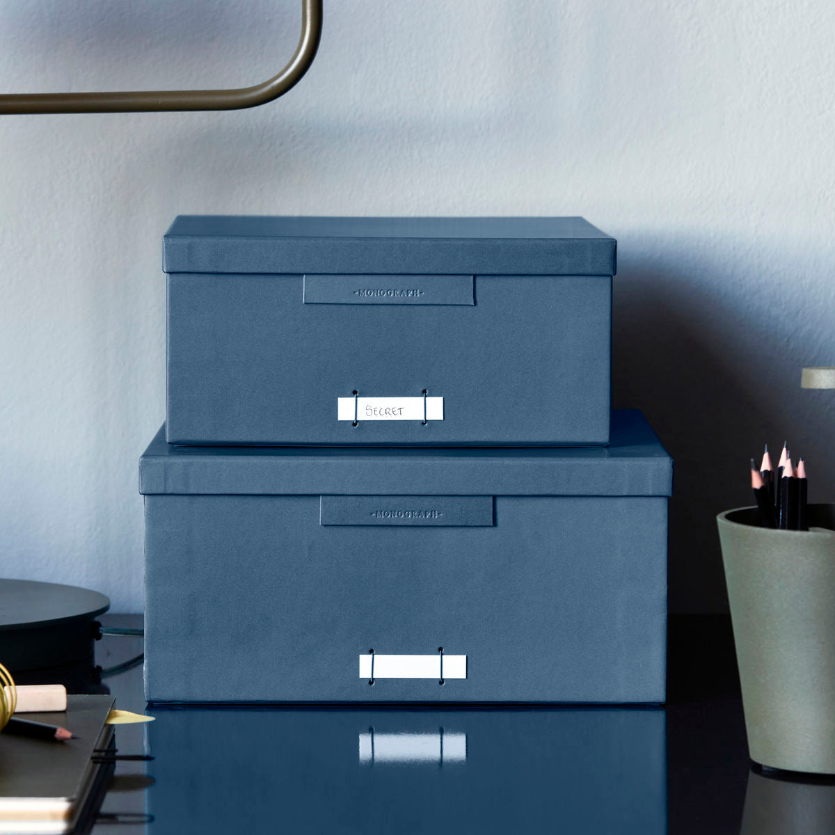 Laatikot, joissa on kansi, tiedosto, sininen/bensiini