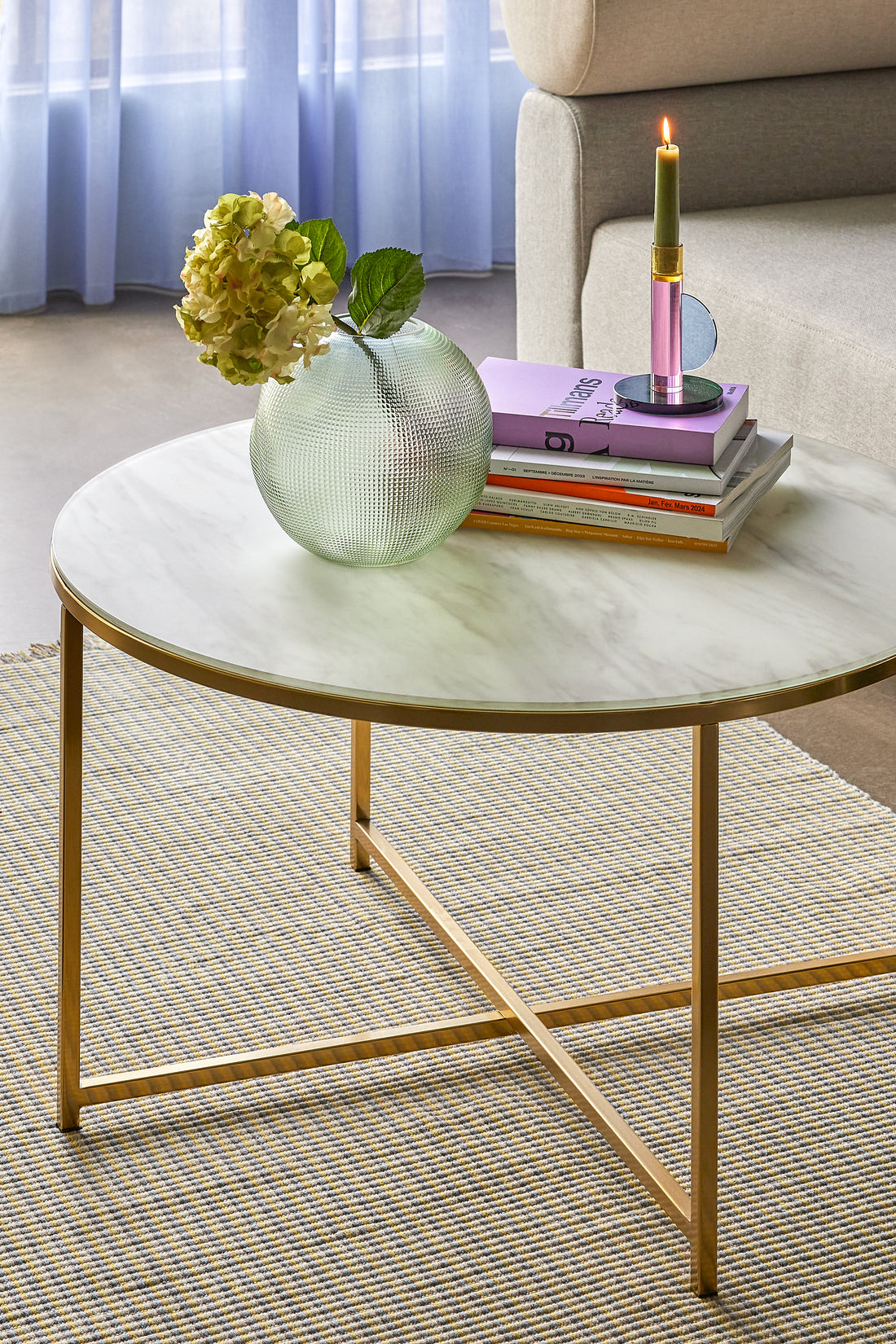 Lampipöytä Valkoinen/messinkiväri - Ø80xh45cm