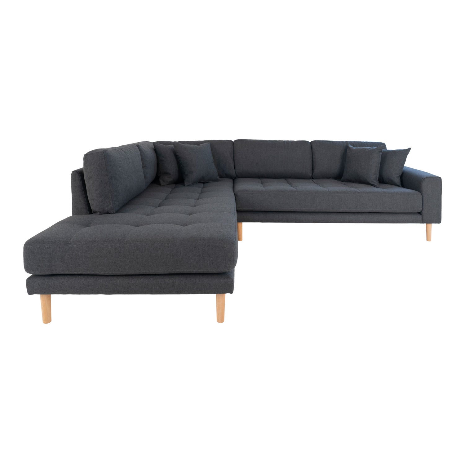 LIDO CORNER SOFA Open pää - kulma -sohva avoin pää, vasen - tummanharmaalla nelijohto ja luonnon puiset jalat, HN1002