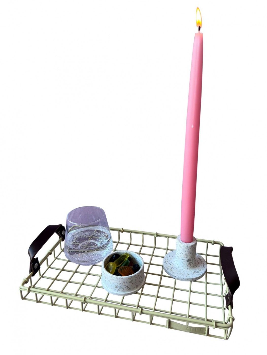 Kalager Design -alusta, pieni, vihreä beige tummanruskealla nahkahihnalla